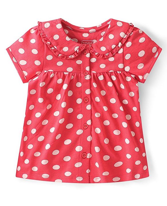 Babyhug Cotton Knit Single Jersey Half Sleeves Night Suit With Polka Dots Print - Red