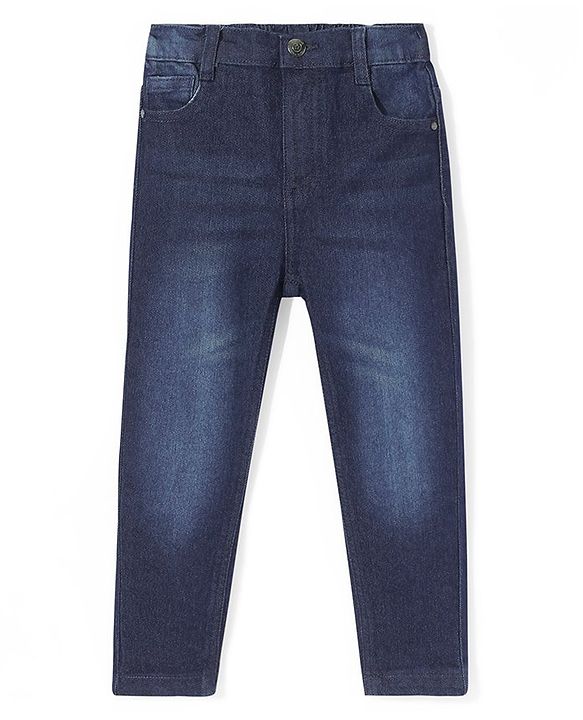 Babyhug Cotton Knit Full Length Denim Washed Jeans with Stretch Solid Colour - Dark Blue