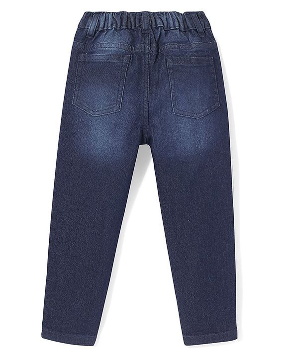 Babyhug Cotton Knit Full Length Denim Washed Jeans with Stretch Solid Colour - Dark Blue