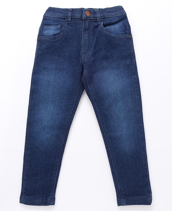 Babyhug Cotton Knit Full Length Denim Washed Jeans with Stretch Solid Colour - Dark Blue
