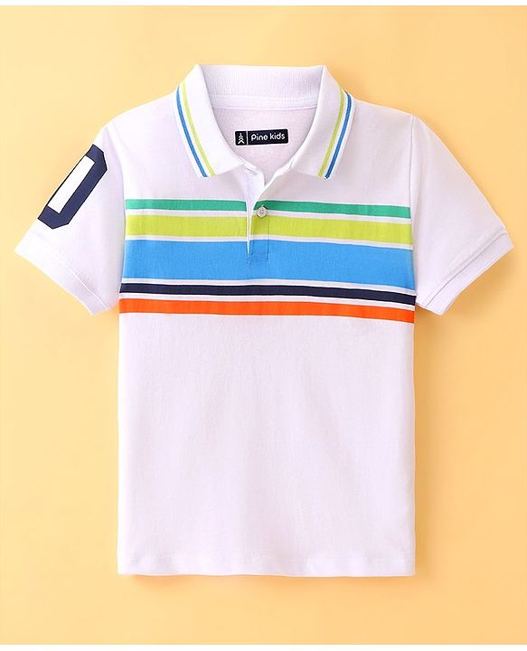 Pine Kids Half Sleeves Polo Striped  T-Shirt - White