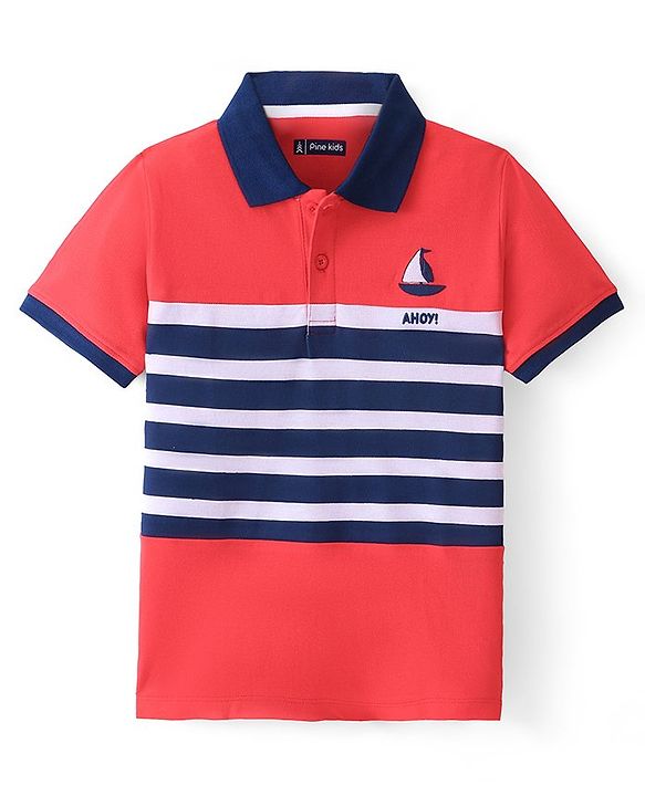 Pine Kids Cotton Half Sleeves Striped Polo T-Shirt With Ship Embroidery - Poppy Red