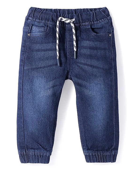 Babyhug Cotton   Denim Full Length Washed Stretchable Solid Joggers - Dark Blue