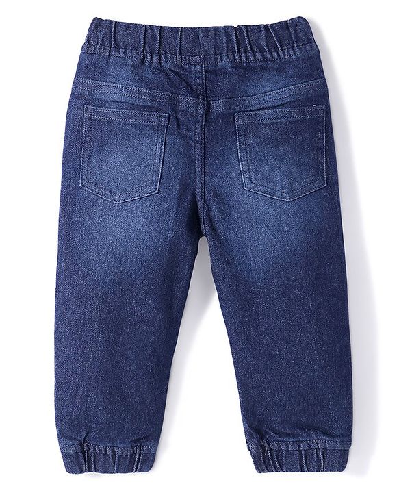 Babyhug Cotton   Denim Full Length Washed Stretchable Solid Joggers - Dark Blue