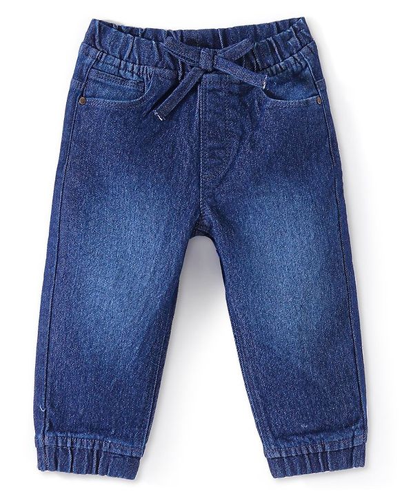 Babyhug Full Length Stretchable Denim Washed Joggers with Bow Detailing  - Navy Blue