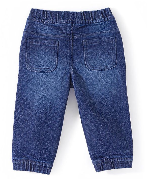 Babyhug Full Length Stretchable Denim Washed Joggers with Bow Detailing  - Navy Blue