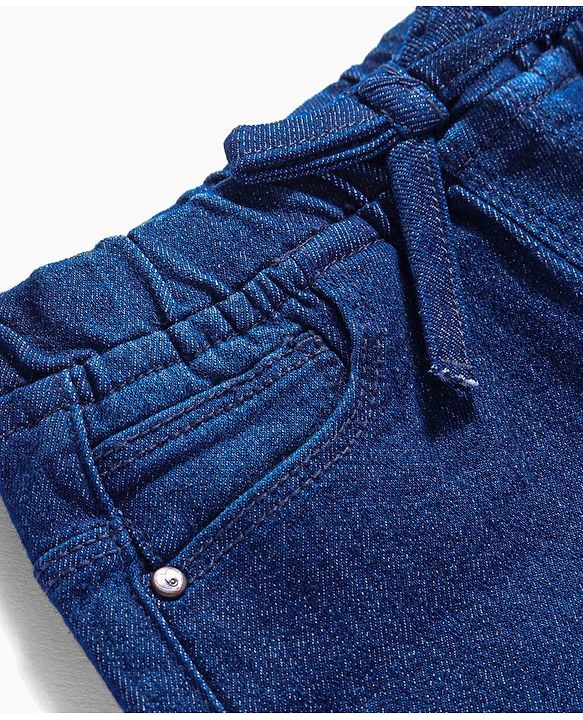 Babyhug Full Length Stretchable Denim Washed Joggers with Bow Detailing  - Navy Blue