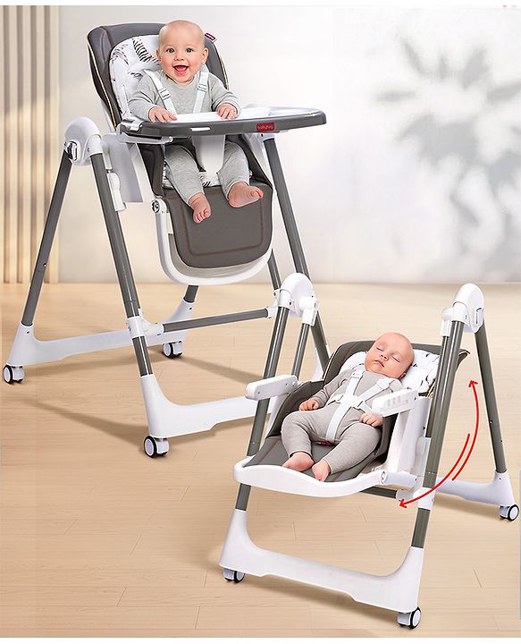 Babyhug Smart 3-in-1 High Chair with Swing for Baby, Adjustable Height, Dual Tray, Reclinable Backrest & Footrest Feeding Chair for 6 Months - 5 Years Kids - Grey