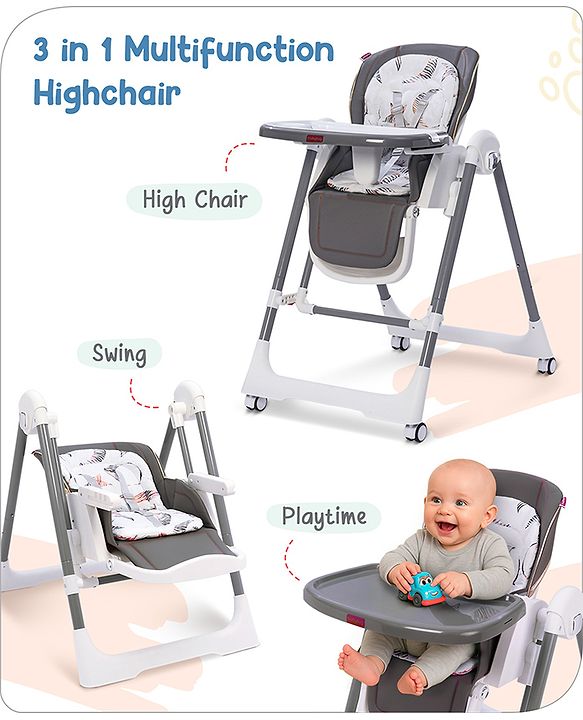 Babyhug Smart 3-in-1 High Chair with Swing for Baby, Adjustable Height, Dual Tray, Reclinable Backrest & Footrest Feeding Chair for 6 Months - 5 Years Kids - Grey