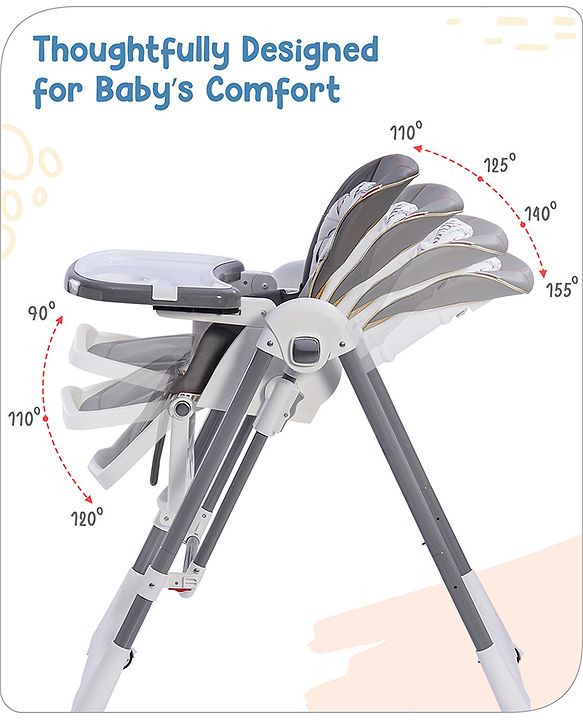 Babyhug Smart 3-in-1 High Chair with Swing for Baby, Adjustable Height, Dual Tray, Reclinable Backrest & Footrest Feeding Chair for 6 Months - 5 Years Kids - Grey