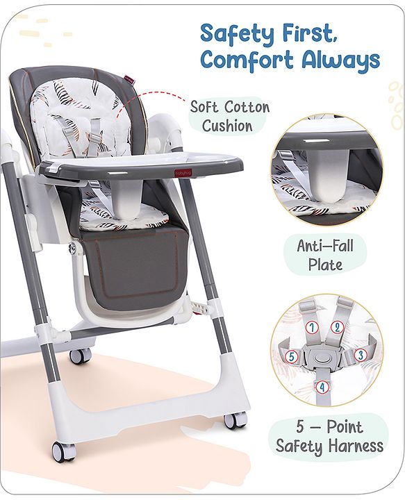 Babyhug Smart 3-in-1 High Chair with Swing for Baby, Adjustable Height, Dual Tray, Reclinable Backrest & Footrest Feeding Chair for 6 Months - 5 Years Kids - Grey
