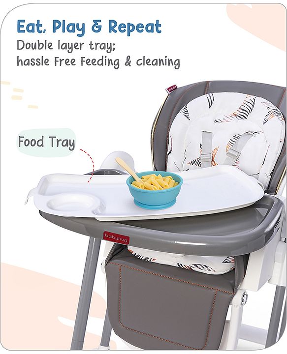 Babyhug Smart 3-in-1 High Chair with Swing for Baby, Adjustable Height, Dual Tray, Reclinable Backrest & Footrest Feeding Chair for 6 Months - 5 Years Kids - Grey