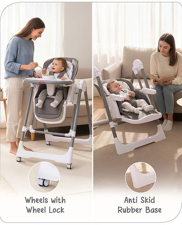 Babyhug Smart 3-in-1 High Chair with Swing for Baby, Adjustable Height, Dual Tray, Reclinable Backrest & Footrest Feeding Chair for 6 Months - 5 Years Kids - Grey