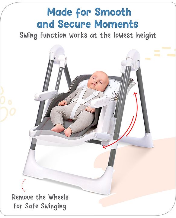 Babyhug Smart 3-in-1 High Chair with Swing for Baby, Adjustable Height, Dual Tray, Reclinable Backrest & Footrest Feeding Chair for 6 Months - 5 Years Kids - Grey