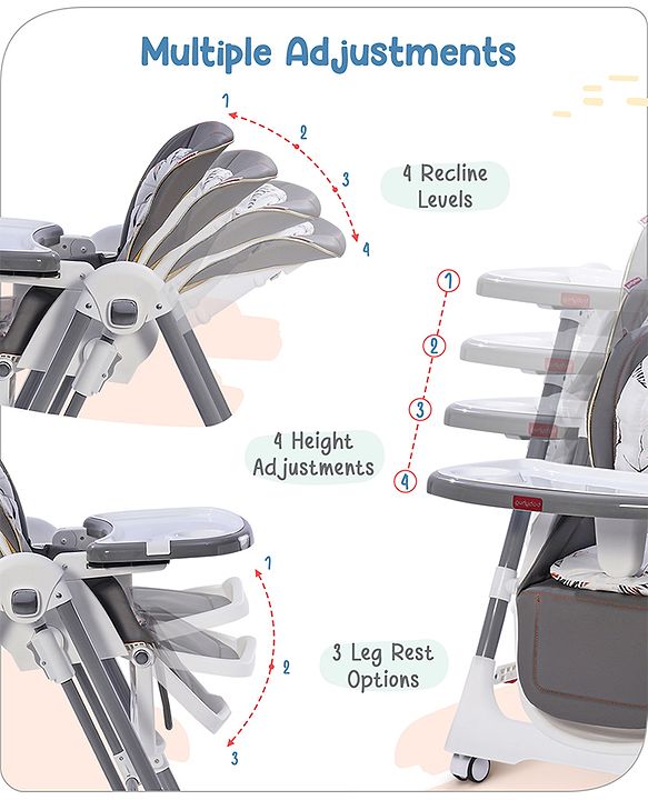 Babyhug Smart 3-in-1 High Chair with Swing for Baby, Adjustable Height, Dual Tray, Reclinable Backrest & Footrest Feeding Chair for 6 Months - 5 Years Kids - Grey