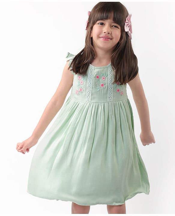 Babyhug Woven Frill Sleeves Floral Embroidery Frock - Mint