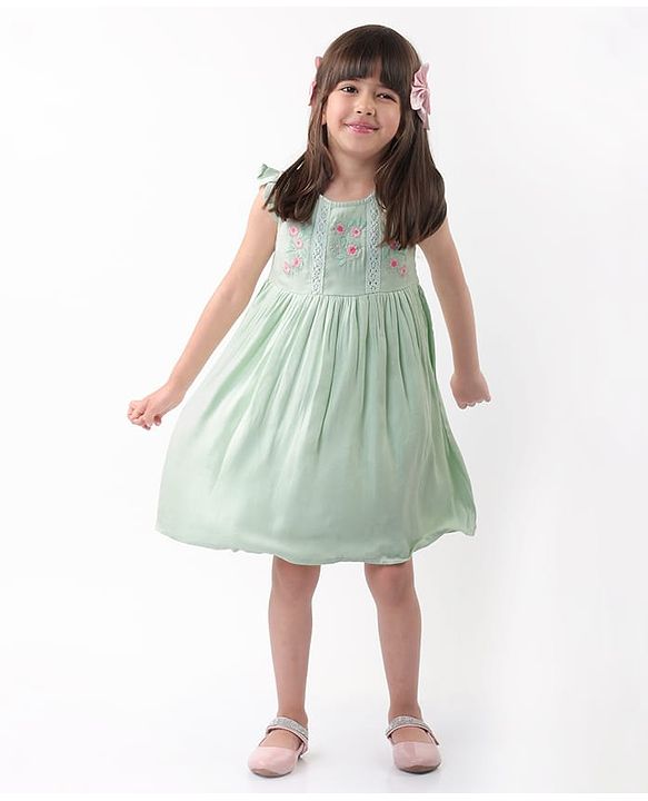 Babyhug Woven Frill Sleeves Floral Embroidery Frock - Mint