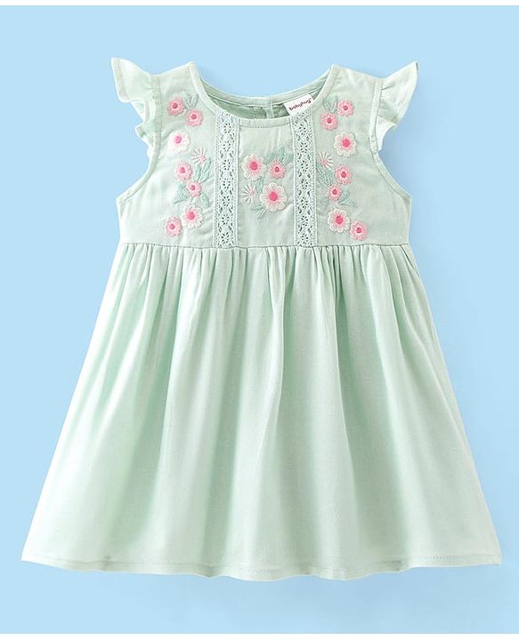 Babyhug Woven Frill Sleeves Floral Embroidery Frock - Mint