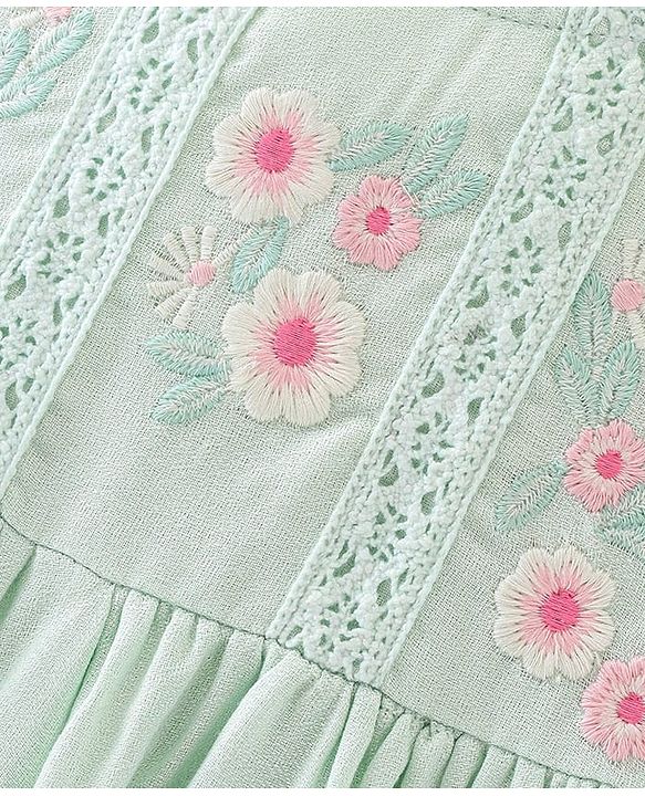 Babyhug Woven Frill Sleeves Floral Embroidery Frock - Mint