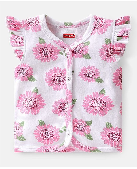 Babyhug 100% Cotton Knit Frill Sleeves Polka Dots & Floral Printed Antibacterial Front Open Vests Pack of 3 - Pink & Green