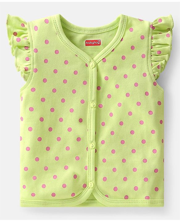 Babyhug 100% Cotton Knit Frill Sleeves Polka Dots & Floral Printed Antibacterial Front Open Vests Pack of 3 - Pink & Green