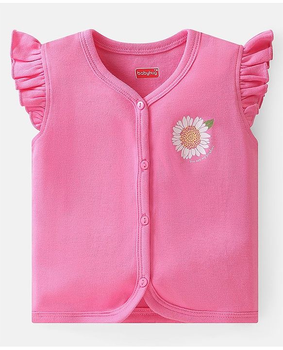 Babyhug 100% Cotton Knit Frill Sleeves Polka Dots & Floral Printed Antibacterial Front Open Vests Pack of 3 - Pink & Green