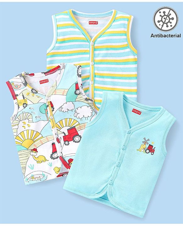 Babyhug 100% Cotton Antibacterial Half Sleeves Vests Dino & Vehicle Print Pack of 3 - Blue