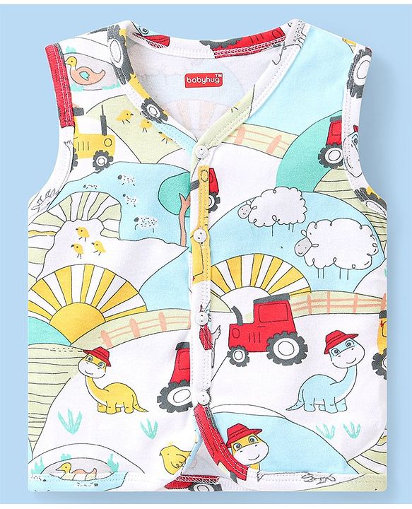 Babyhug 100% Cotton Antibacterial Half Sleeves Vests Dino & Vehicle Print Pack of 3 - Blue