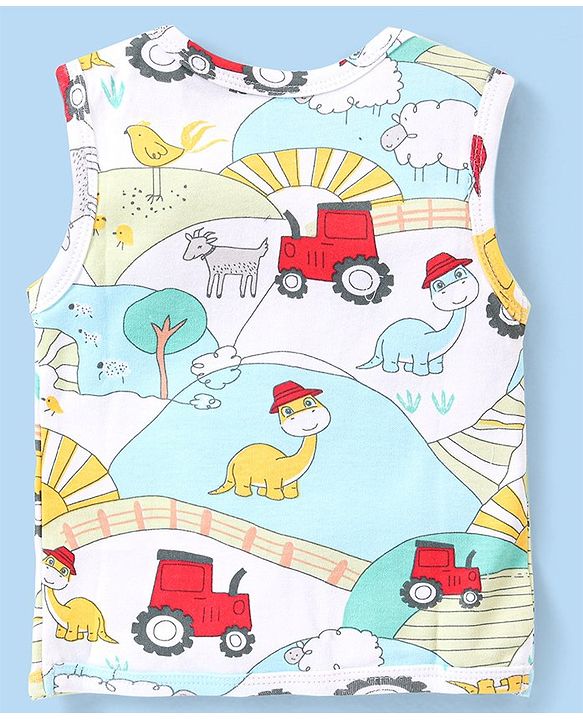 Babyhug 100% Cotton Antibacterial Half Sleeves Vests Dino & Vehicle Print Pack of 3 - Blue