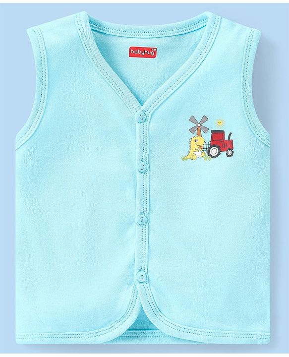 Babyhug 100% Cotton Antibacterial Half Sleeves Vests Dino & Vehicle Print Pack of 3 - Blue