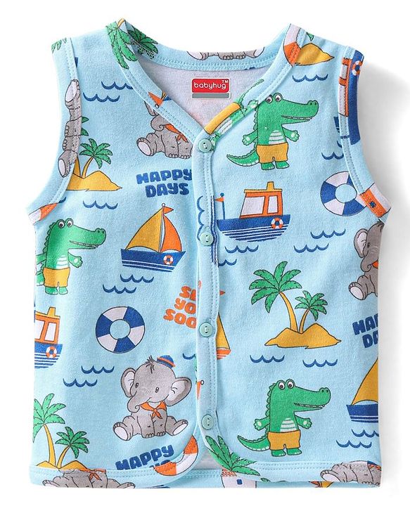 Babyhug 100% Cotton Antibacterial  Sleeveless Vests Striped & Animal Print Pack of 3 - Multicolour