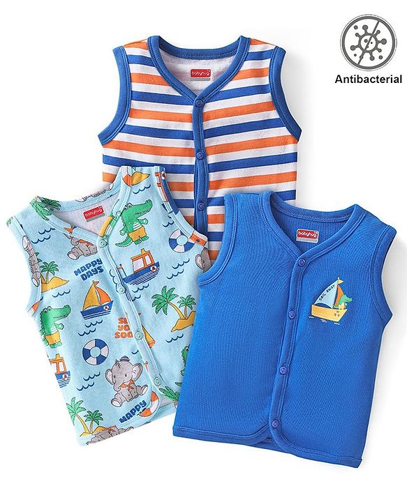 Babyhug 100% Cotton Antibacterial  Sleeveless Vests Striped & Animal Print Pack of 3 - Multicolour