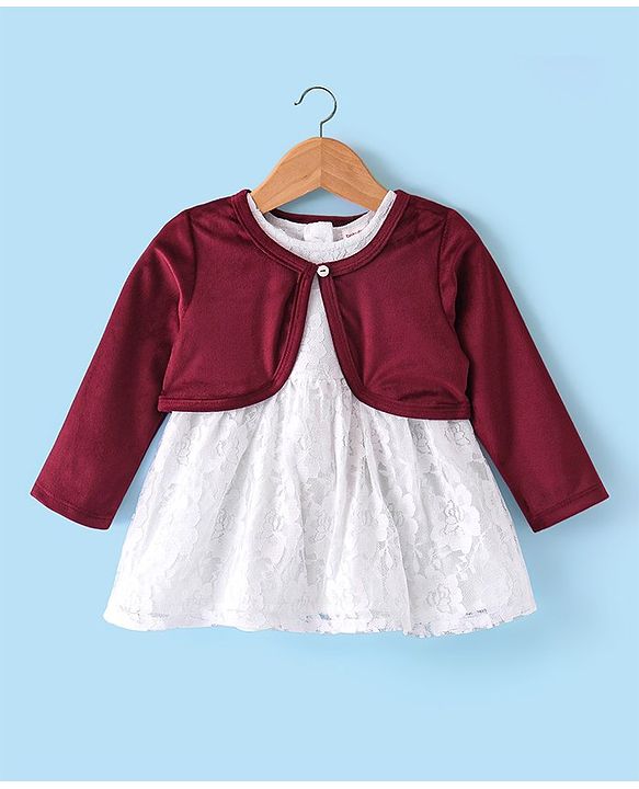 Babyhug Woven Frock with Full Sleeves Jacket Floral Embroidery - White