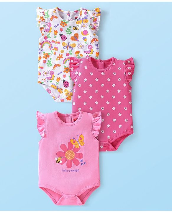 Babyhug 100% Cotton Knit Frill Sleeves Floral & Bugs Printed Onesies Pack of 3 - Pink & White