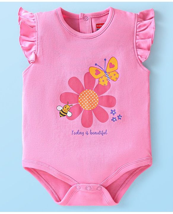 Babyhug 100% Cotton Knit Frill Sleeves Floral & Bugs Printed Onesies Pack of 3 - Pink & White