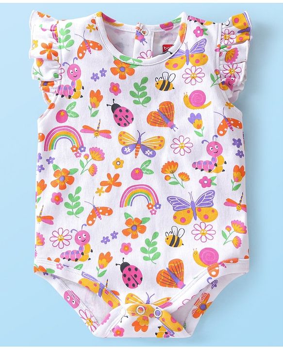 Babyhug 100% Cotton Knit Frill Sleeves Floral & Bugs Printed Onesies Pack of 3 - Pink & White