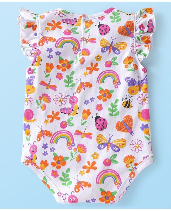 Babyhug 100% Cotton Knit Frill Sleeves Floral & Bugs Printed Onesies Pack of 3 - Pink & White