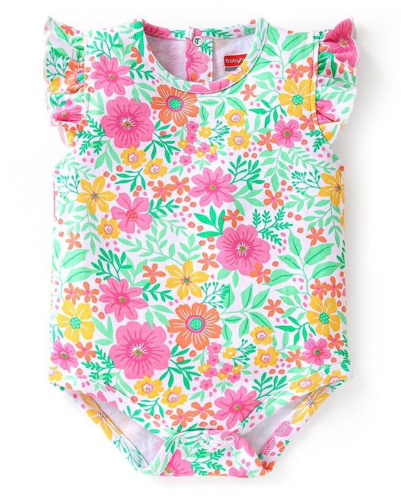 Babyhug 100% Cotton Knit Half Sleeves Onesies Floral Print Pack of 2 - Multicolour