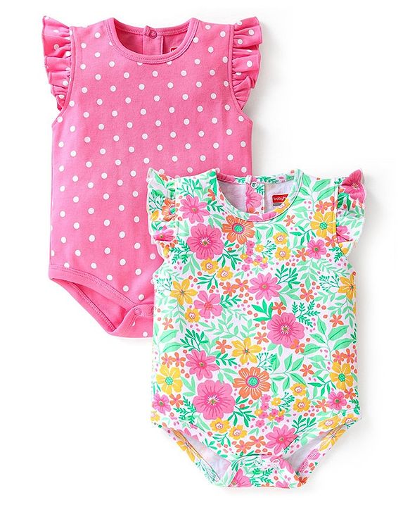 Babyhug 100% Cotton Knit Half Sleeves Onesies Floral Print Pack of 2 - Multicolour