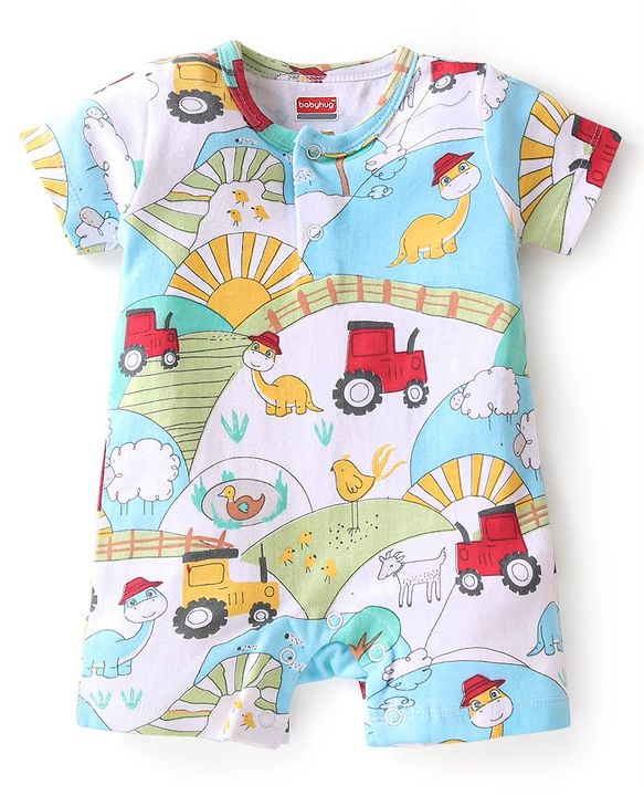 Babyhug 100% Cotton Knit Half Sleeves Romper With Dino Print Pack of 2  - Multicolor