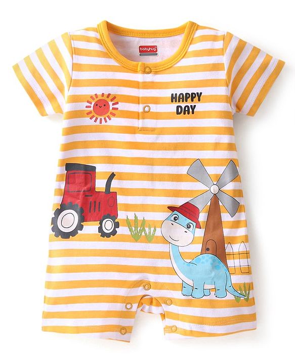 Babyhug 100% Cotton Knit Half Sleeves Romper With Dino Print Pack of 2  - Multicolor
