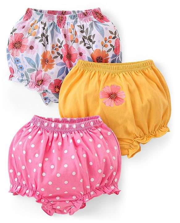Babyhug 100% Cotton Knit Floral & Polka Dots Printed Antibacterial Bloomers Pack of 3 - Multicolour