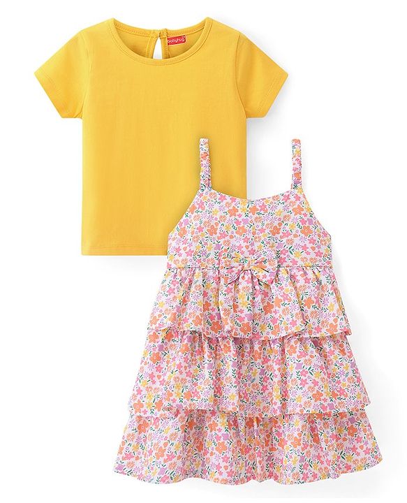 Babyhug Woven Floral Printed Layered Frock with Half Sleeves T-Shirt - Multicolor