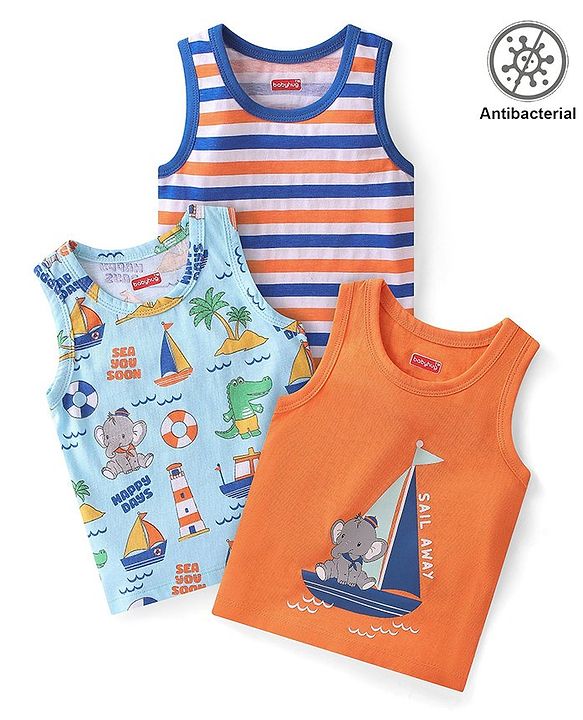 Babyhug 100% Cotton Antibacterial Sleeveless Sando with Elephant & Boat Print Pack Of 3 - Blue & Orange