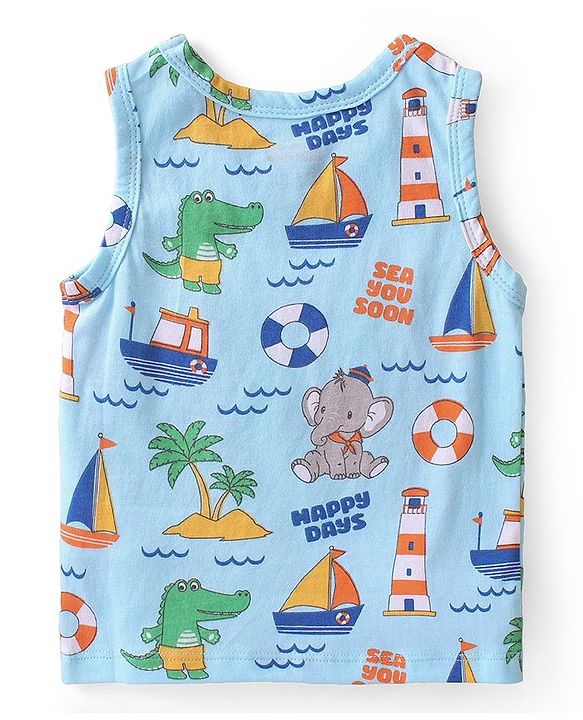 Babyhug 100% Cotton Antibacterial Sleeveless Sando with Elephant & Boat Print Pack Of 3 - Blue & Orange