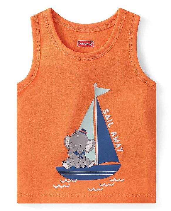 Babyhug 100% Cotton Antibacterial Sleeveless Sando with Elephant & Boat Print Pack Of 3 - Blue & Orange