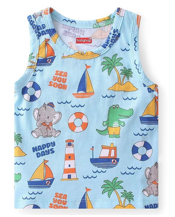Babyhug 100% Cotton Antibacterial Sleeveless Sando with Elephant & Boat Print Pack Of 3 - Blue & Orange
