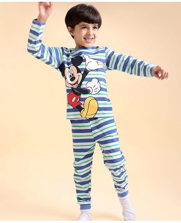Babyhug Disney Cotton Single Jersey Knit Full Sleeves Striped Night Suit Mickey Mouse Print - Blue