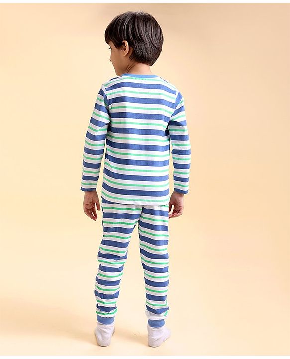 Babyhug Disney Cotton Single Jersey Knit Full Sleeves Striped Night Suit Mickey Mouse Print - Blue