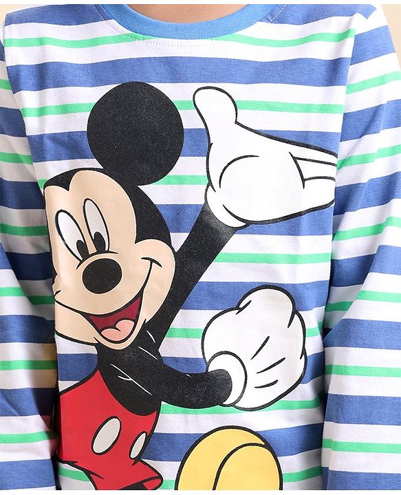 Babyhug Disney Cotton Single Jersey Knit Full Sleeves Striped Night Suit Mickey Mouse Print - Blue